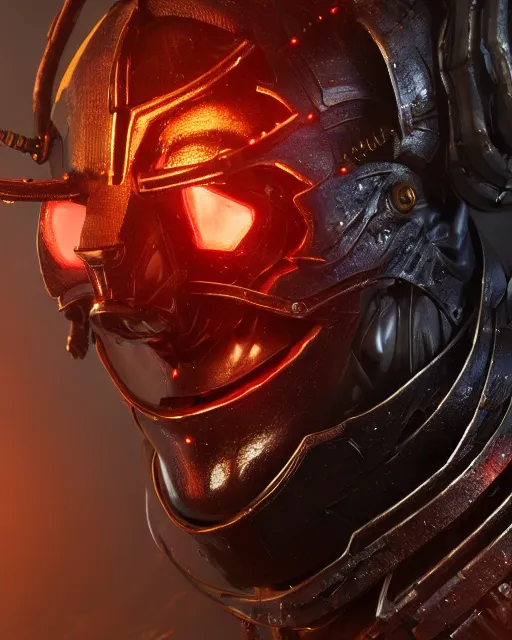 Image similar to a dark sci fi close up portrait of a demon emperor wearing futuristic sci fi armor made of metal plates surrounded by floating spheres, cinematic lighting, smooth, high detail, dark fantasy, unreal engine, octane render, by vitaly bulgarov artstation, golden rule, sense of action, fog volumes, vivid color glow, post processing, cgsociety