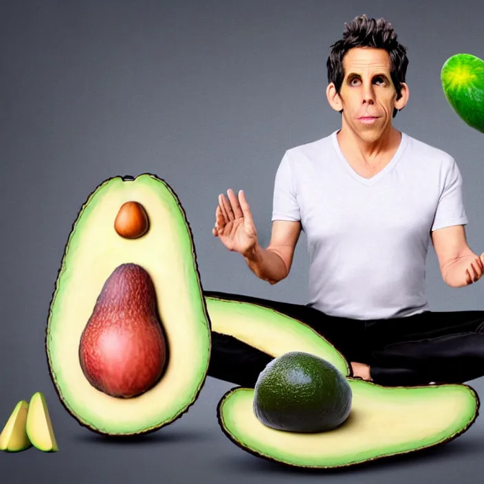 Image similar to ultra realistic illustration of ben stiller in the shape of an a ocado, in the lotus position meditating with closed eyes, balancing stack of avocado