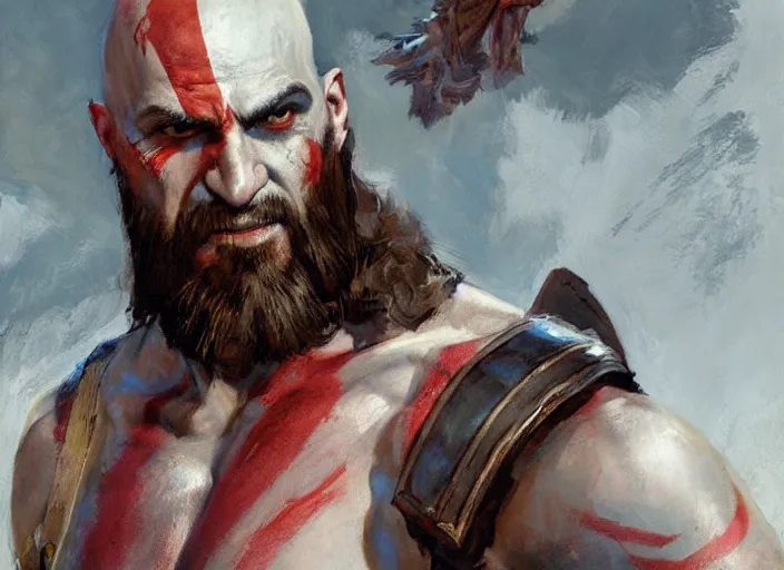 Image similar to a highly detailed beautiful portrait of gabriel boric as kratos, by gregory manchess, james gurney, james jean
