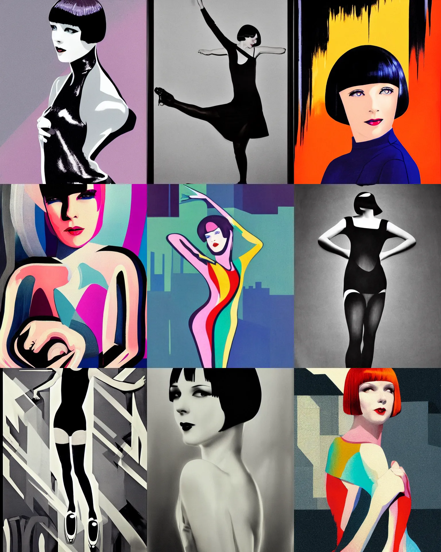 Image similar to full length portrait of 2 0 year old mary louise brooks roller skating, shiny bob haircut, dramatic light, abstract art deco city background, screen print, high contrast, sharp,, painted by ross tran 1 9 2 0 s