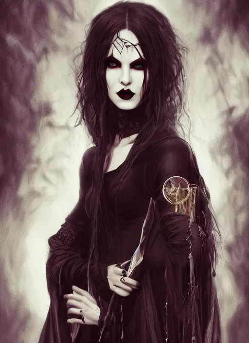 Image similar to tarot!!, pale, beautiful goth vampire with long hair, fantasy, elegant, concept art, sharp focus, beautiful face!!, digital art, Hyper-realistic, 4K, Unreal Engine, Highly Detailed, HD, Dramatic Lighting, Beautiful, by Brom, trending on Artstation