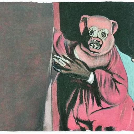 Image similar to a screaming pig wearing a robe painted by francis bacon