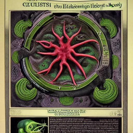 Image similar to cthulhu cross section scientific illustration biology book, highly detailed