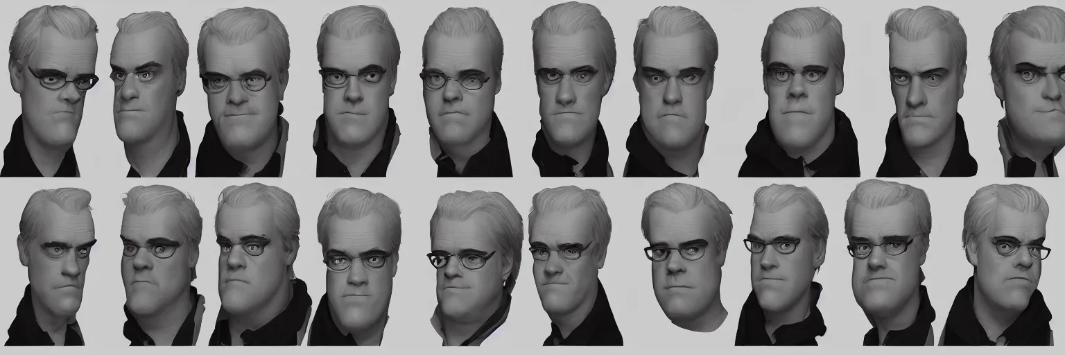 Image similar to character face study of skinny snorexic philip seymour hoffman, clear faces, emotional, character sheet, fine details, concept design, contrast, kim jung gi, pixar and da vinci, trending on artstation, 8 k, full body and head, turnaround, front view, back view, ultra wide angle