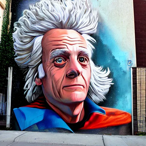 Image similar to Street-art portrait of doctor Emmett Brown from back to the future movie in style of Etam Cru