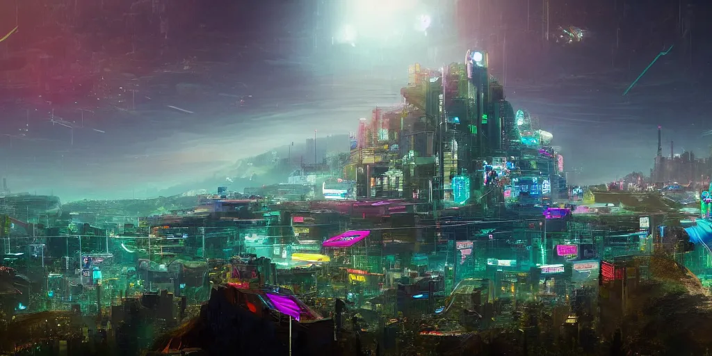 Image similar to a cinematic composition depicting : a computer run degrading cyberpunk world, on top of the mountain a mysterious neural network is using its transformative energy to transition to a hopeful to lush solarpunk civilization