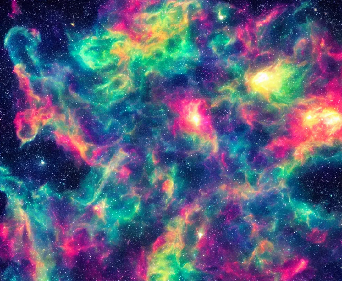 Image similar to giant space whales floating through a colorful nebula