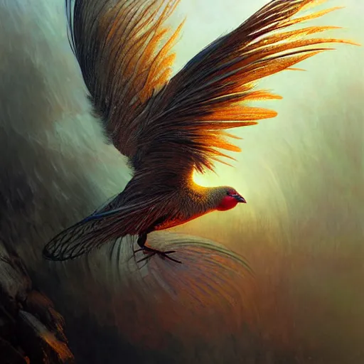 Image similar to feathered bird, covered in feathers, wings, flying, surreal, fantasy, intricate, elegant, dramatic lighting, emotionally evoking symbolic metaphor, highly detailed, lifelike, photorealistic, digital painting, artstation, concept art, smooth, sharp focus, illustration, art by John Collier and Krenz Cushart and Artem Demura and Alphonse Mucha and Albert Aublet