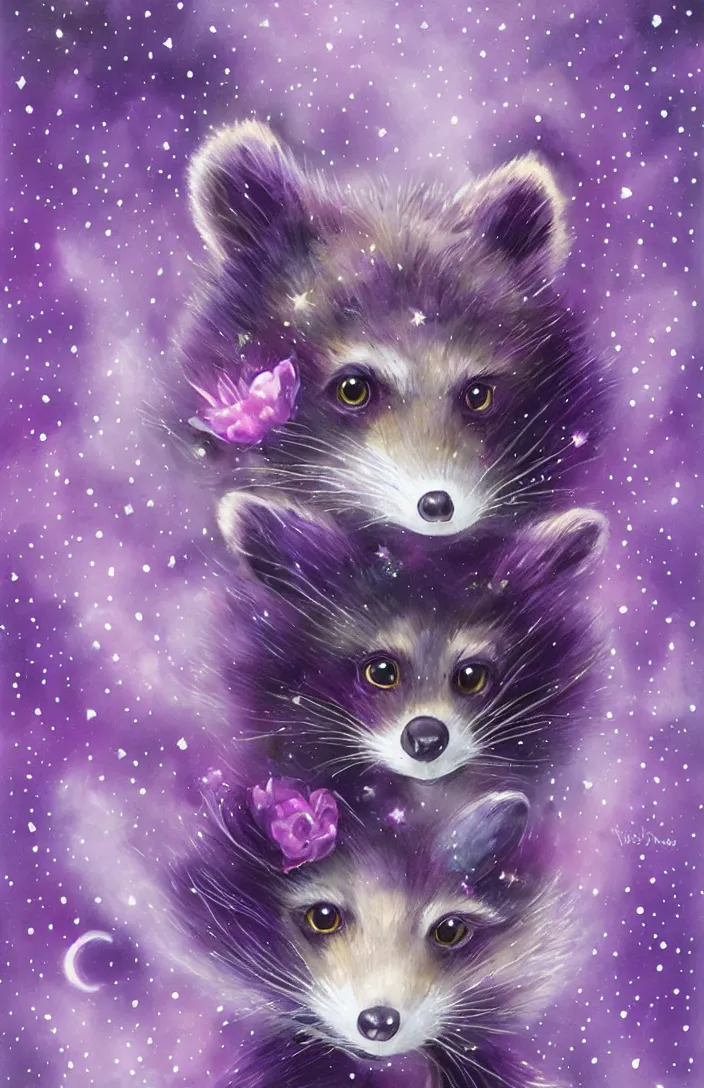 Image similar to purple raccoon in the stars in the style of Anna Dittman