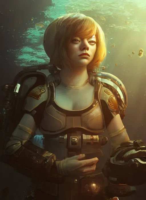 Image similar to underwater portrait of emma stone as a space marine, hyper detailed, digital art, cinematic lighting, studio quality, smooth render, unreal engine 5, octane rendered, art style by klimt and nixeu and ian sprigger and wlop and krenz cushart.