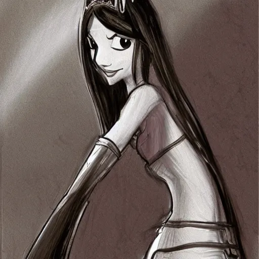 Image similar to milt kahl sketch of victoria justice with done up hair, tendrils covering face and ponytail as princess padme from star wars episode 3