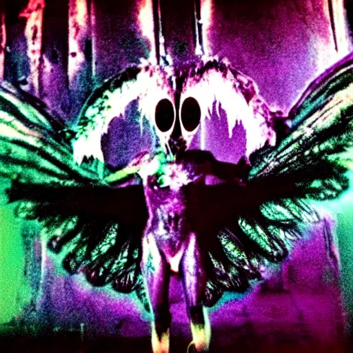 Image similar to a dark artistic photo of an alien creature with crazy wings, big budget horror, a polaroid photo, bleeding decaying colors!