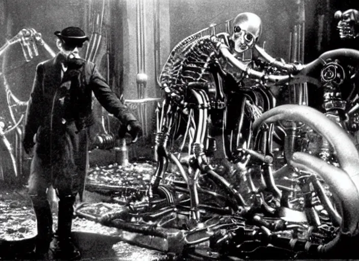 Prompt: Scene from the 1914 science fiction film The Terminator