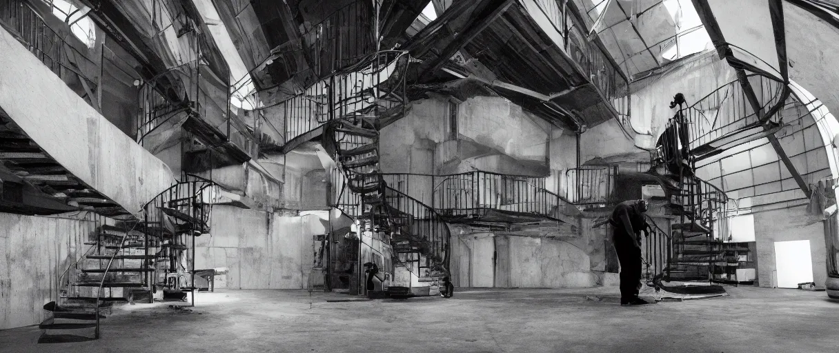 Image similar to frank ocean building a spiral staircase in the centre of the room, inside of a warehouse, greyscale,