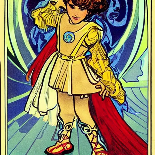 Image similar to a little girl with a mischievous face and short wavy curly brown hair. she is dressed as a knight. well composed, clean elegant painting, beautiful detailed face. comic book art by steve ditko and jack kirby and alphonse mucha