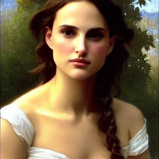 Prompt: Painting of young Natalie Portman. Art by william adolphe bouguereau. During golden hour. Extremely detailed. Beautiful. 4K. Award winning.