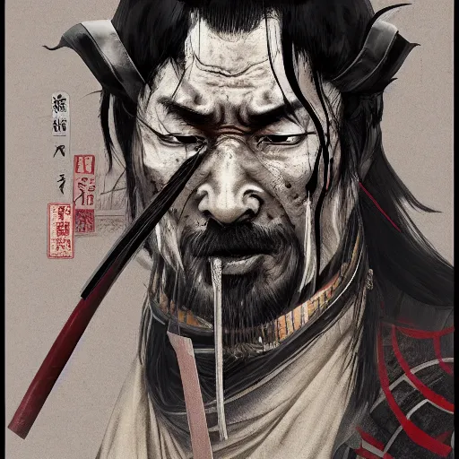 Image similar to Portrait of Sickly diseased dying Samurai warrior wielding a katana, by Feng Zhu, highly detailed, excellent composition, cinematic concept art, dramatic lighting, trending on ArtStation