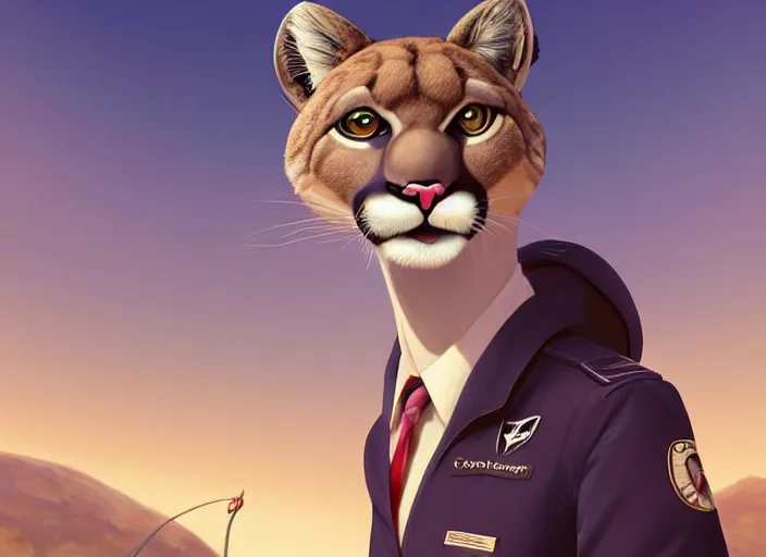 Image similar to character portrait feature of the anthro female anthropomorphic puma bobcat mountain lion fursona wearing airline pilot outfit uniform professional pilot for delta airlines character design stylized by charlie bowater, ross tran, artgerm, and makoto shinkai, detailed, soft lighting, rendered in octane