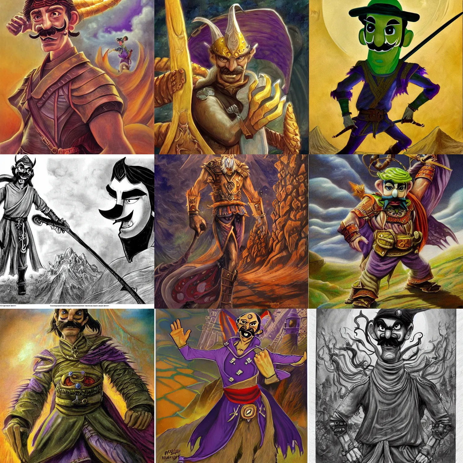 Prompt: epic fantasy artwork of a man resembling waluigi striking a pose by tolkien-inspired peruvian artist mashteric mazuric (1973)