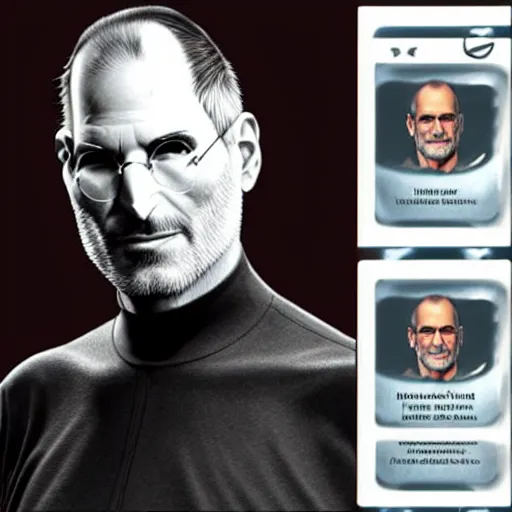 Prompt: steve jobs card from titans of business trading card set, artstation, cgsociety