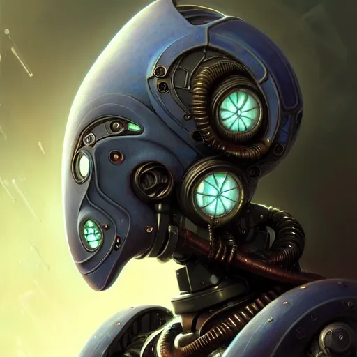 Image similar to low angle shot of a cyberpunk gazmask robot character, intricate, elegant, highly detailed, centered, digital painting, artstation, concept art, front shot, smooth, sharp focus, illustration, artgerm, Tomasz Alen Kopera, Peter Mohrbacher, donato giancola, Joseph Christian Leyendecker, WLOP, Boris Vallejo