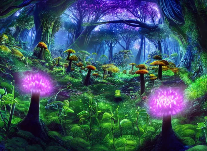 Image similar to glowing delicate flower and mushrooms that grow in a dark fatansy forest on the planet Pandora,