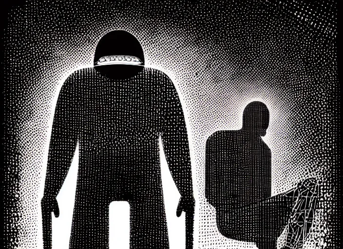 Image similar to is it man or a machine, colorful, illustration by mads berg and karolis strautniekas, small finely stippled light, dramatic lighting, fine texutre, editorial illustration, detailed, katsuhiro otomo, dynamic composition, moody, cinematic, film grain