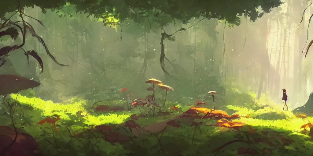 Image similar to magic mushrooms in the woods, moss, lianna, jungles, by cory loftis & akihiko yoshida & james gilleard & atey ghailan & makoto shinkai & goro fujita & studio ghibli, rim light, exquisite lighting, clear focus, magic atmosphere, very coherent, plain background, soft painting