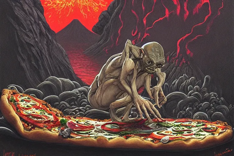 Image similar to a highly detailed gollum making pizza!, a volcano in the background is spewing black smoke, with streams of hot glowing lava flowing, black sky, post - apocalyptic vibe, full body, wide angle, an ultrafine detailed painting by joe fenton, trending on deviantart, pop surrealism, whimsical, lowbrow, perfect symmetrical face, sharp focus, octane, masterpiece