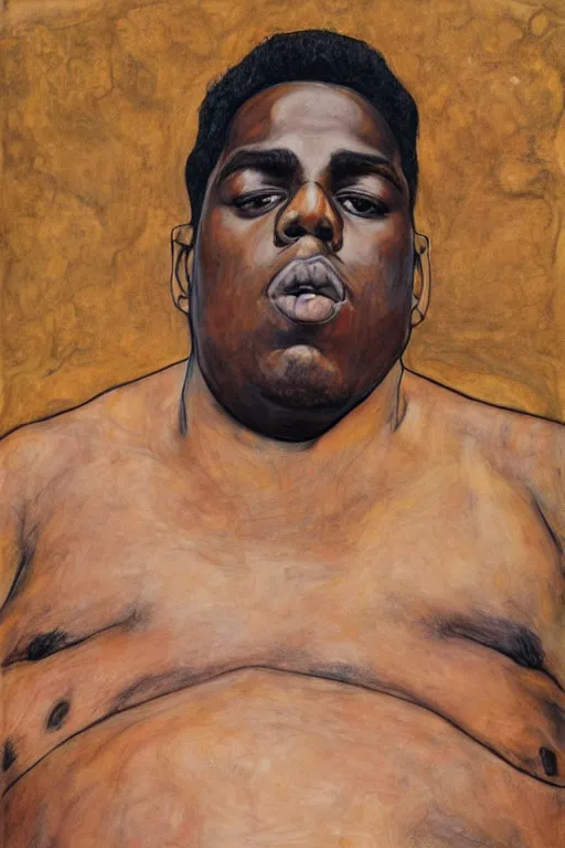 Image similar to a full body portrait of notorious b. i. g. in style of egon schiele, herakut and gustav klimt, masterpiece, hyperdetailed, complex, intricate, 4 k, trending on artstation