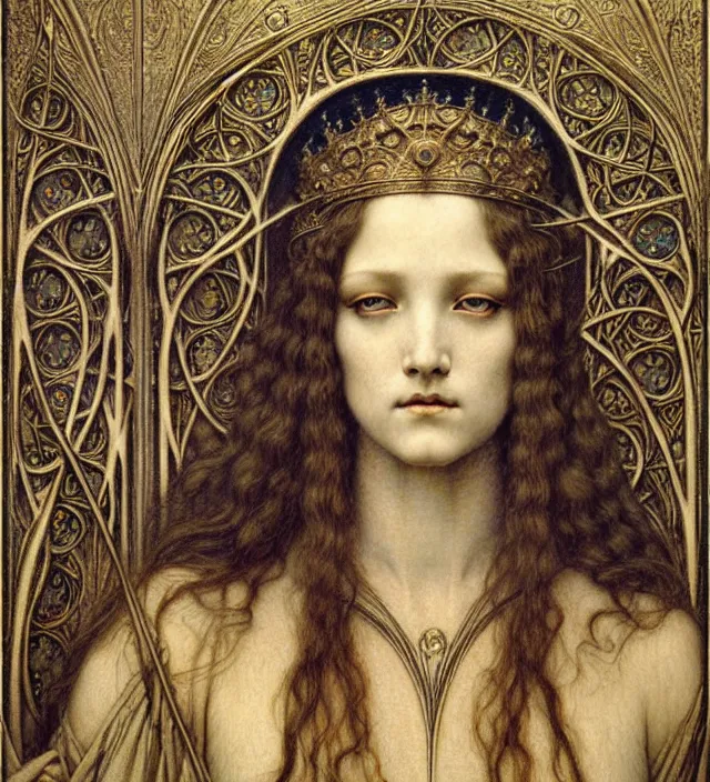 Image similar to detailed realistic beautiful young medieval queen face portrait by jean delville, gustave dore and marco mazzoni, art nouveau, symbolist, visionary, gothic, pre - raphaelite. horizontal symmetry