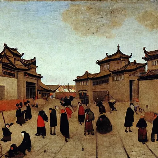 Image similar to A painting of everyday life in a quiet street in Beijing by Bruegel.