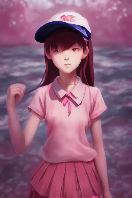 Prompt: 3d infrared render portrait of beauty 3d anime lofi schoolgirl with pink sport cap underwater subway twilight. dramatic light, trending on artstation, art by hiro kiyohara and hayao miyazaki oil painting