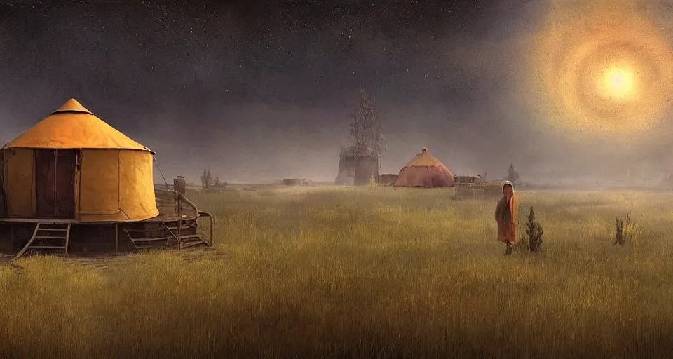 Image similar to night, stars shining, a yurt, in the steppe, summer field, misty background, in background a rusty building construction of spiral upside - down stairs!!, from the game pathologic 2, highly detailed, sharp focus, matte painting, by isaac levitan and asher brown durand,