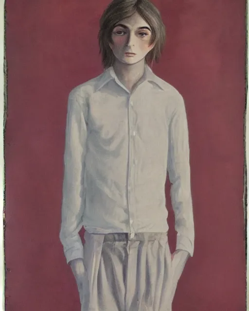 Prompt: a beautiful but sinister young man in layers of fear, with haunted eyes, wearing a linen shirt, 1 9 7 0 s, seventies, floral wallpaper, wilted flowers, a little blood, morning light showing injuries, delicate ex embellishments, painterly, offset printing technique