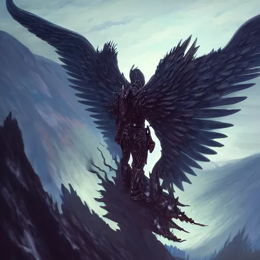 Prompt: painting of a fallen angel paladin with big burnt wings reaching the summit of a haunted mountain, sharp focus, award - winning, trending on artstation, masterpiece, highly detailed, intricate. art by johannes voss