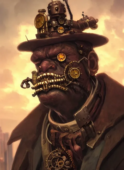 Prompt: a portrait of a steampunk orc in a city, key visual, ambient lighting, highly detailed, digital painting, artstation, concept art, sharp focus, by makoto shinkai and akihiko yoshida and hidari and wlop