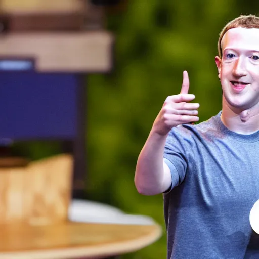 Image similar to mark zuckerberg holding circular, patterned wooden coaster up to the camera