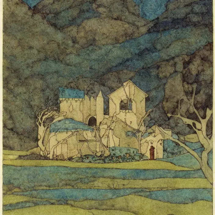 Image similar to a building in a landscape, by edmund dulac