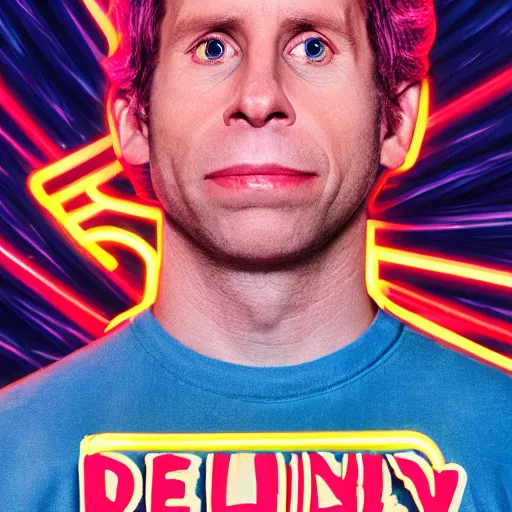 Prompt: dennis reynolds wearing half of a jason hokey mask. pink and blue neon with red and black letters in neon font that says the golden god butcher knife movie poster