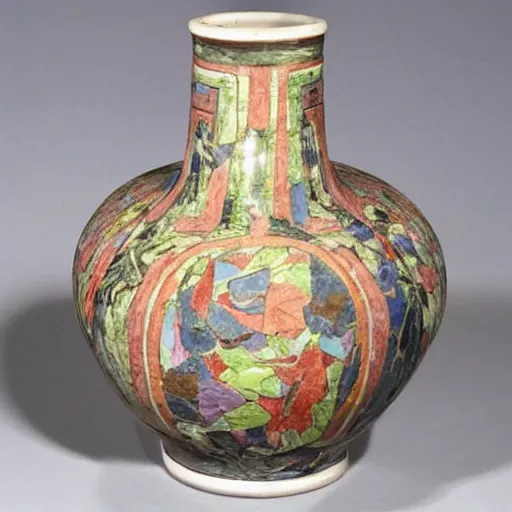 Image similar to vase work, Ancient vase art of James P. Sullivani in art style of chinese art, fragmented clay firing chinese vase with an James P. Sullivan in the style of ancient chinese art, ancient chinese art!!!!! chinese art