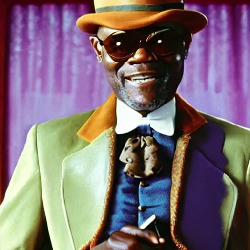 Prompt: Tom Hanks as Samuel L. Jackson dressed as Willy Wonka