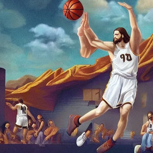 Prompt: jesus playing basketball, hyper realistic, highly detailed,