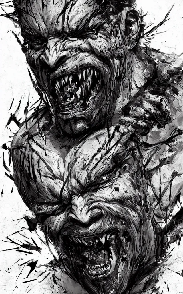 Prompt: a detailed digital art of an intimidating man with nails in two of its eyes and intricate tattoos around the eyes, wide evil grin on the face, by yoji shinkawa, jeszika le vye, mandy jurgens, trending on artstation