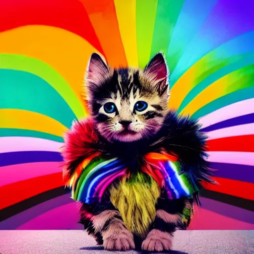 Image similar to wide angle full body, jacket wearing fluffy cute rainbow kitten wearing a black leather motorcycle jacket, cinematic concept art