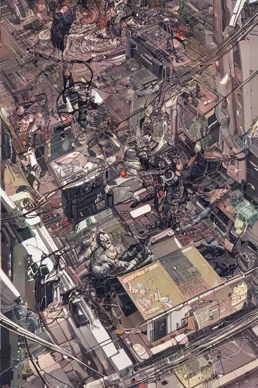 Prompt: a hyper-detailed cyberpunk illustration of a group of female androids' bodies torn apart, with cables and wires coming out, lying scattered in various poses over an empty floor, by masamune shirow and katsuhiro otomo, seen from above, japan 1980s, no background