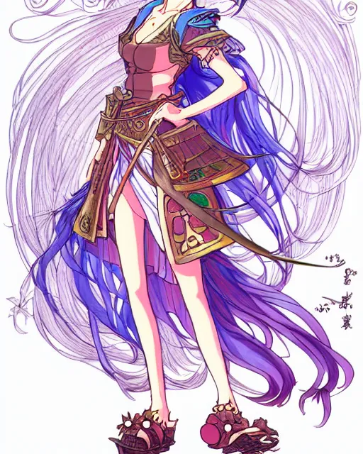 Image similar to cel - shaded anime character, full body design of beautiful fantasy warrior girl in the style of studio ghibli, moebius, ayami kojima, atelier lulua, clean linework