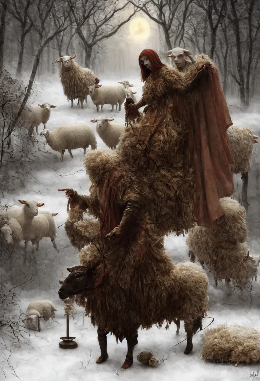 Image similar to spooky slavic pagan ritual with figure in sheep skin chasing away the winter. extremely high fidelity, 8 k, super resolution, cinematic view, super resolution, epic, hyperdetailed, digital painting, artstation, concept art, smooth, sharp focus, octane render, dramatic lighting, art by artgerm and greg rutkowski and alphonse mucha and wlop