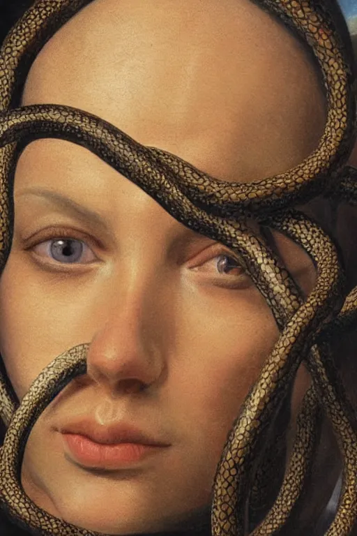 Image similar to hyperrealism oil painting, close - up portrait of face from a tangle of snakes medieval fashion model, knight, steel gradient mixed with nebula sky, in style of baroque