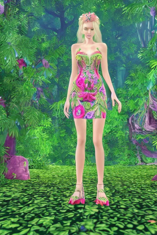 Image similar to beautiful blonde model wearing ornate floral valentino resort ss 2 0 1 6 dress in a 3 d psx rpg style, magical alien forest environment, fashion gameplay screenshot, highly detailed